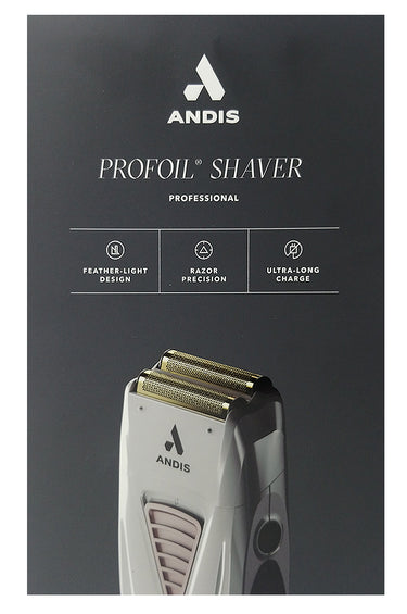 The image shows a ANDIS PROFOIL SHAVER, with a gold titanium foil and white body, against a dark background with product information text.
